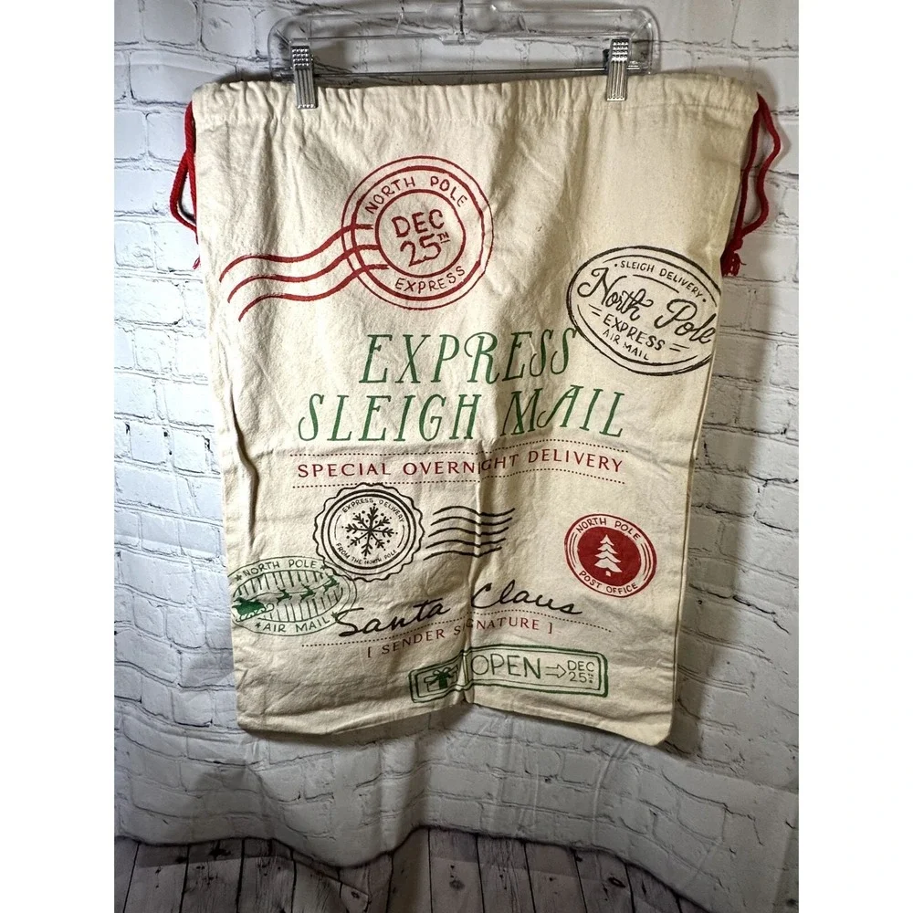 Christmas Santa Sack Canvas Drawstring Gift Bag Express Sleigh Mail North Pole